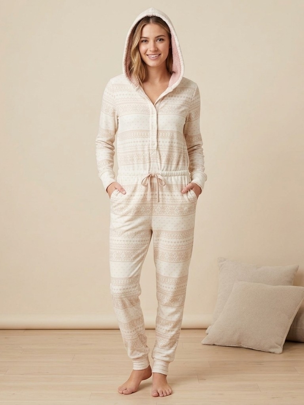 La Vie En Rose Cream Hooded One-Piece Pajama Jumpsuit
